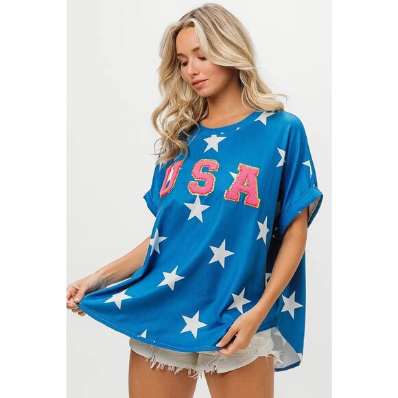 BiBi Fourth Of July Star Print with USA Patch Short Sleeves Knit T-Shirt | Blue - Picture 2 of 6